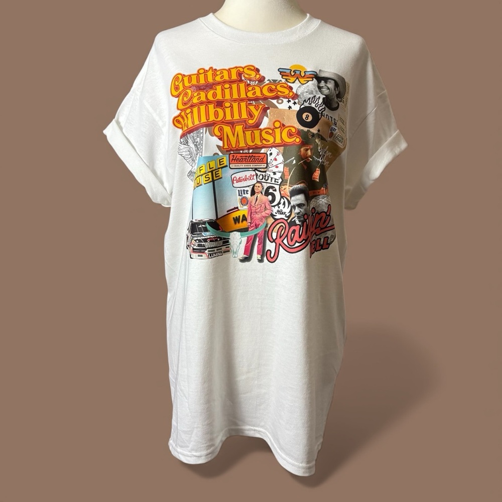 New, Guitars Cadillacs Hillbilly Music  Graphic Collage T-Shirt